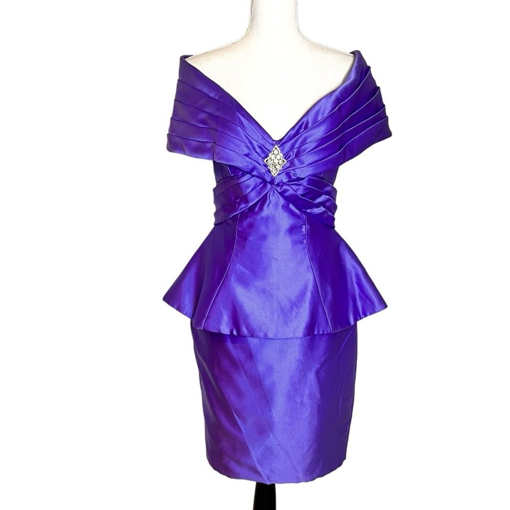 90s Tadashi Periwinkle Blue Satin Off Shoulder Peplum Dress S Mother Of Bride